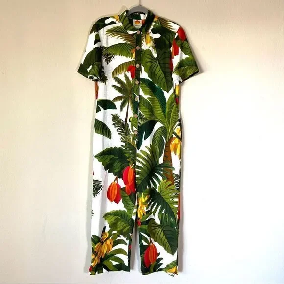 Farm Rio White Cocoa Forest Green Jumpsuit Short Sleeves Size XS - Picture 4 of 9